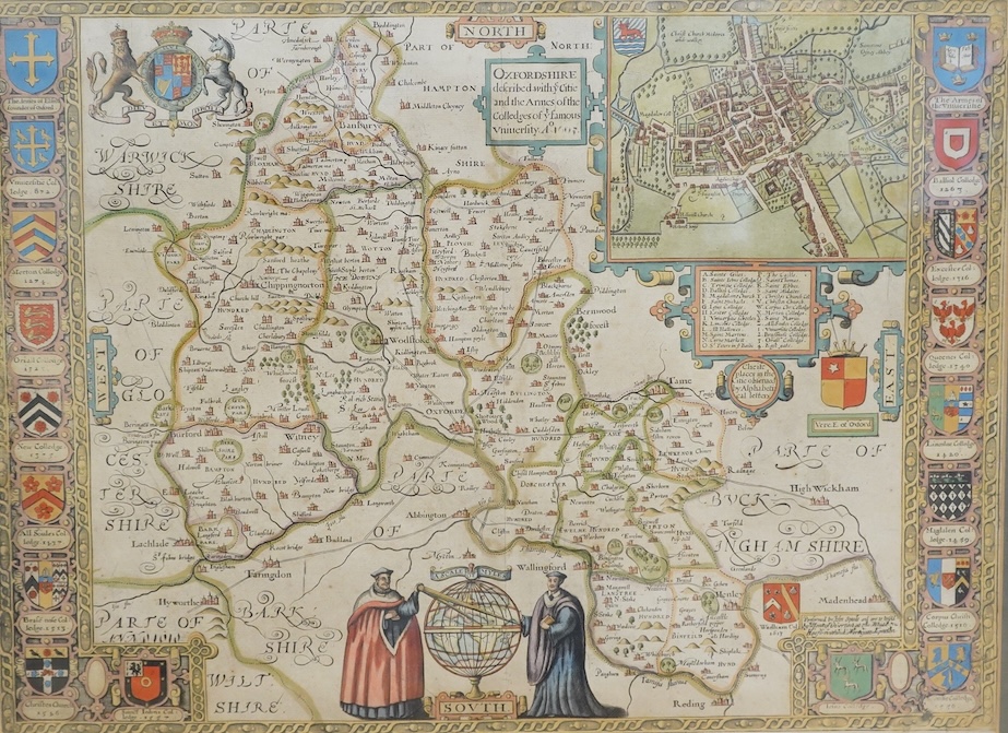 John Speed (1552-1629), Oxfordshire, described within the city and Armes of Colleges of the Famous Vicinity, sold by Henry Overton, London, hand coloured engraved map, gallery label verso, 38 x 51cm